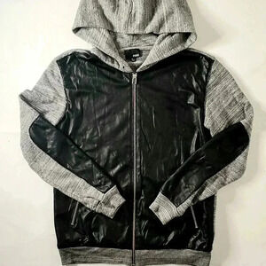 Wilfred Free Sz S  Black & Heathered Gray Hooded Jacket faux leather Detail.
